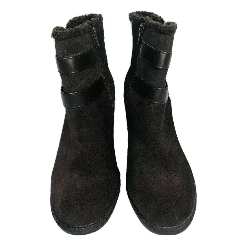 Womens Sole(sense)ability Teri Wedge Brown Leather Ankle Boots with Buckles 7